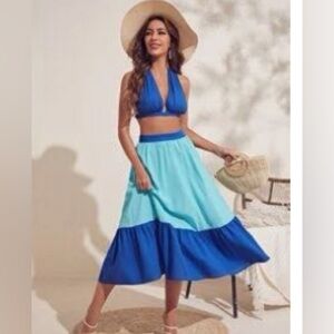 Two piece skirt and halter crop top dress size XS blue